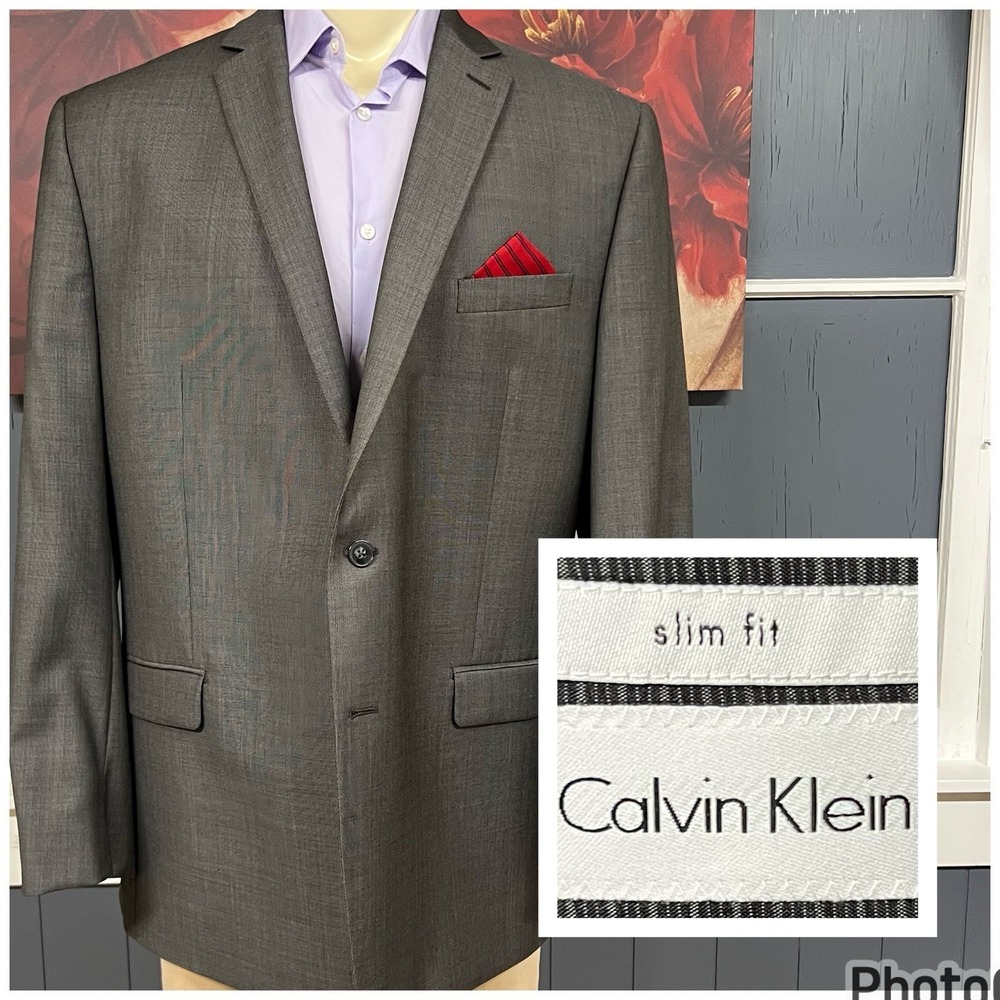 Calvin Klein Blazer Jacket Sport Coat Mens 46L Long Slim Fit Wool Gray